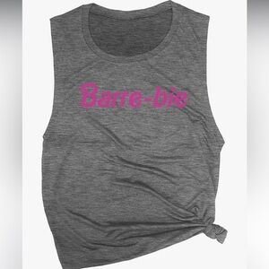Pure Barre Gray Sleeveless Top with Pink 'Barre-bie' Print